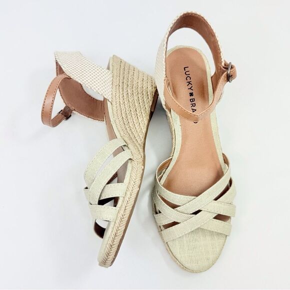 Lucky Brand KALLEY Neutral Tan Crisscross Strap Open Toe Espadrille Wedge Sandal - Picture 6 of 15